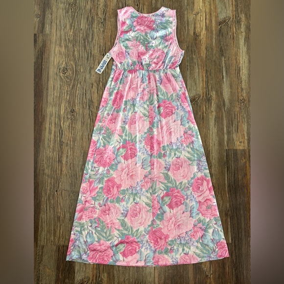 Vtg Lorraine Empire Waist Plunge Neck Maxi Nightgown Slip Dress Sz M Pink Floral - Picture 2 of 13
